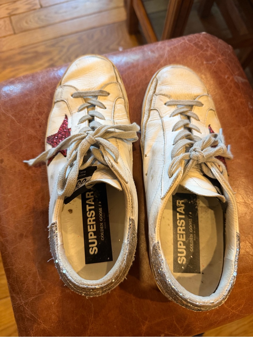 Golden Goose White Leather Sneakers with Red Star  - PRICED TO SELL